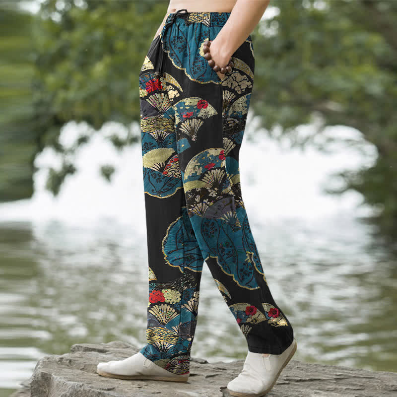 Nimara Ritual Cotton Oriental Folding Fan Floral Pattern Men's Tapered Pants With Pockets