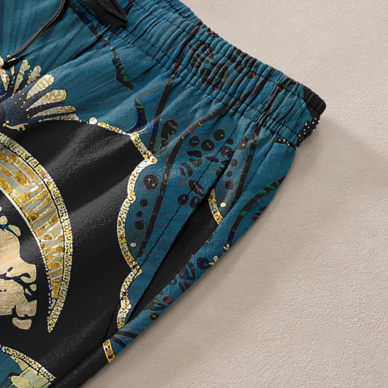 Nimara Ritual Cotton Oriental Folding Fan Floral Pattern Men's Tapered Pants With Pockets