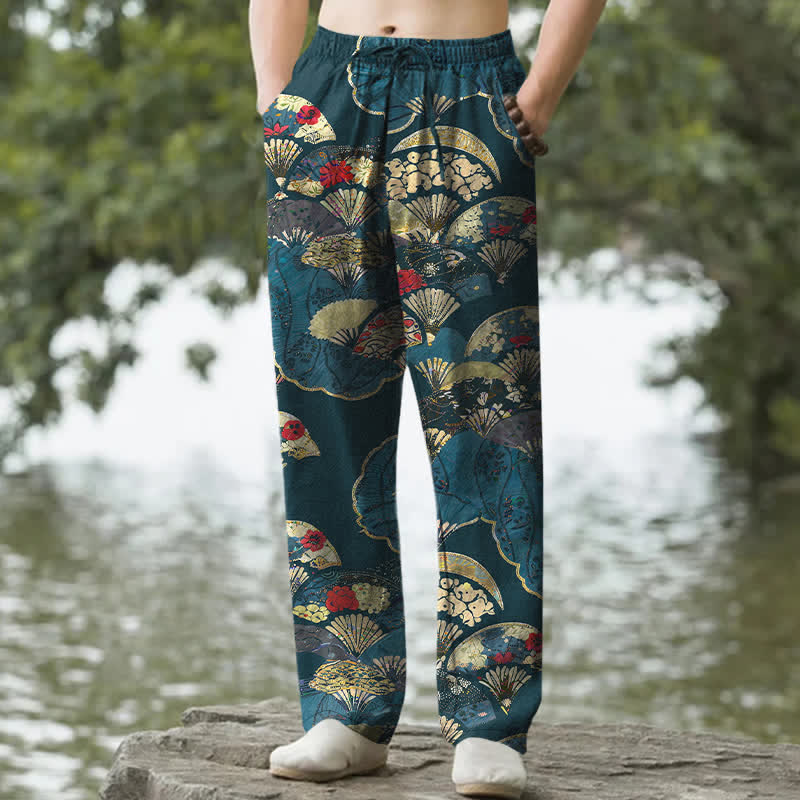 Nimara Ritual Cotton Oriental Folding Fan Floral Pattern Men's Tapered Pants With Pockets