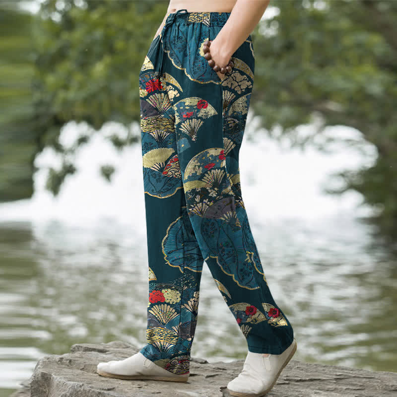Nimara Ritual Cotton Oriental Folding Fan Floral Pattern Men's Tapered Pants With Pockets