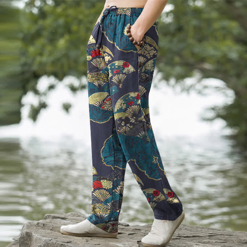 Nimara Ritual Cotton Oriental Folding Fan Floral Pattern Men's Tapered Pants With Pockets