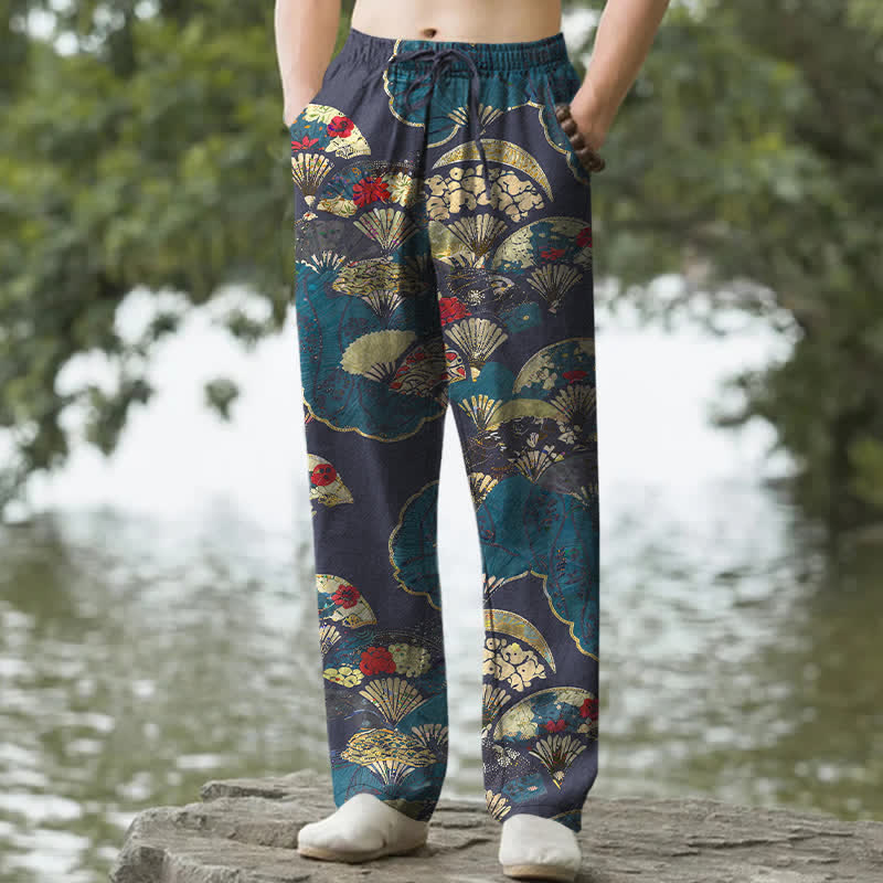 Nimara Ritual Cotton Oriental Folding Fan Floral Pattern Men's Tapered Pants With Pockets