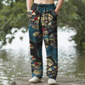 Nimara Ritual Cotton Oriental Folding Fan Floral Pattern Men's Tapered Pants With Pockets