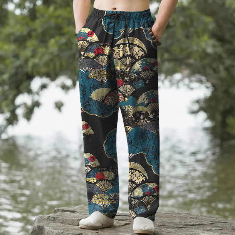 Nimara Ritual Cotton Oriental Folding Fan Floral Pattern Men's Tapered Pants With Pockets
