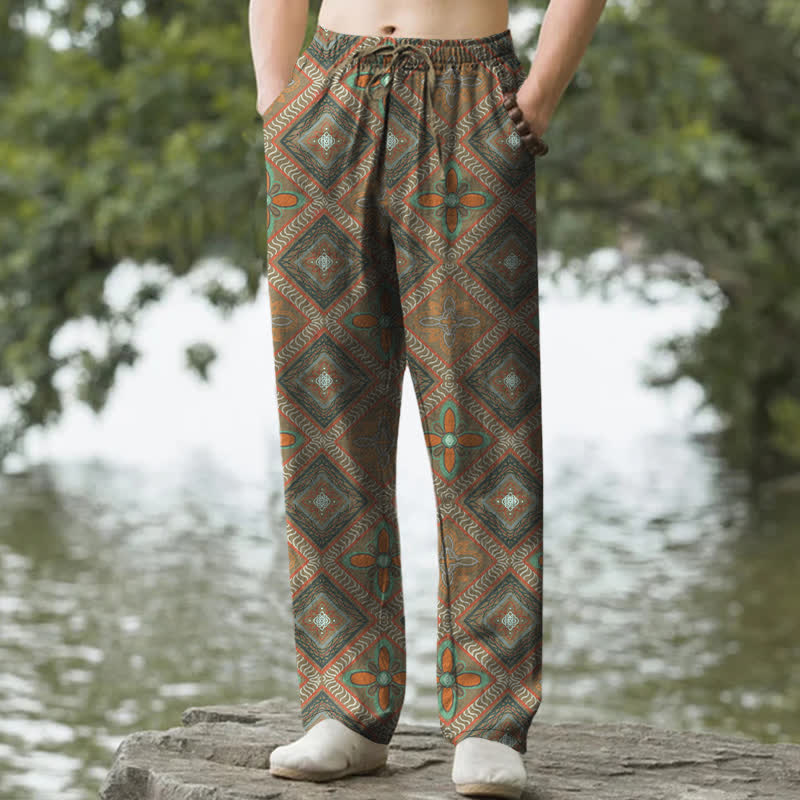 Nimara Ritual Cotton Bohemian Diamond Floral Pattern Men's Tapered Pants With Pockets