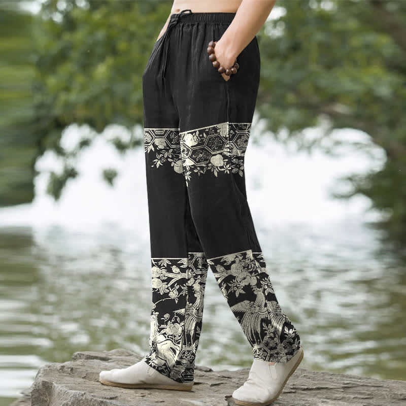 Nimara Ritual Cotton Ivory Floral Band Pattern Men's Tapered Pants With Pockets