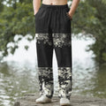 Nimara Ritual Cotton Ivory Floral Band Pattern Men's Tapered Pants With Pockets