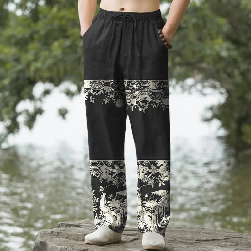 Nimara Ritual Cotton Ivory Floral Band Pattern Men's Tapered Pants With Pockets
