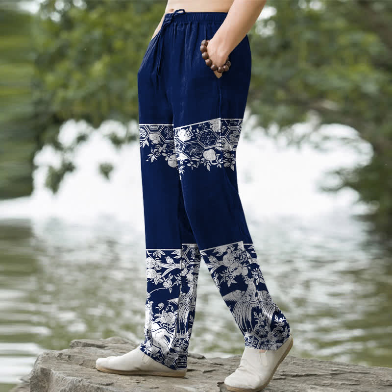 Nimara Ritual Cotton Ivory Floral Band Pattern Men's Tapered Pants With Pockets