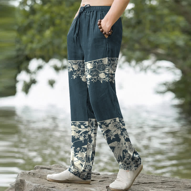 Nimara Ritual Cotton Ivory Floral Band Pattern Men's Tapered Pants With Pockets