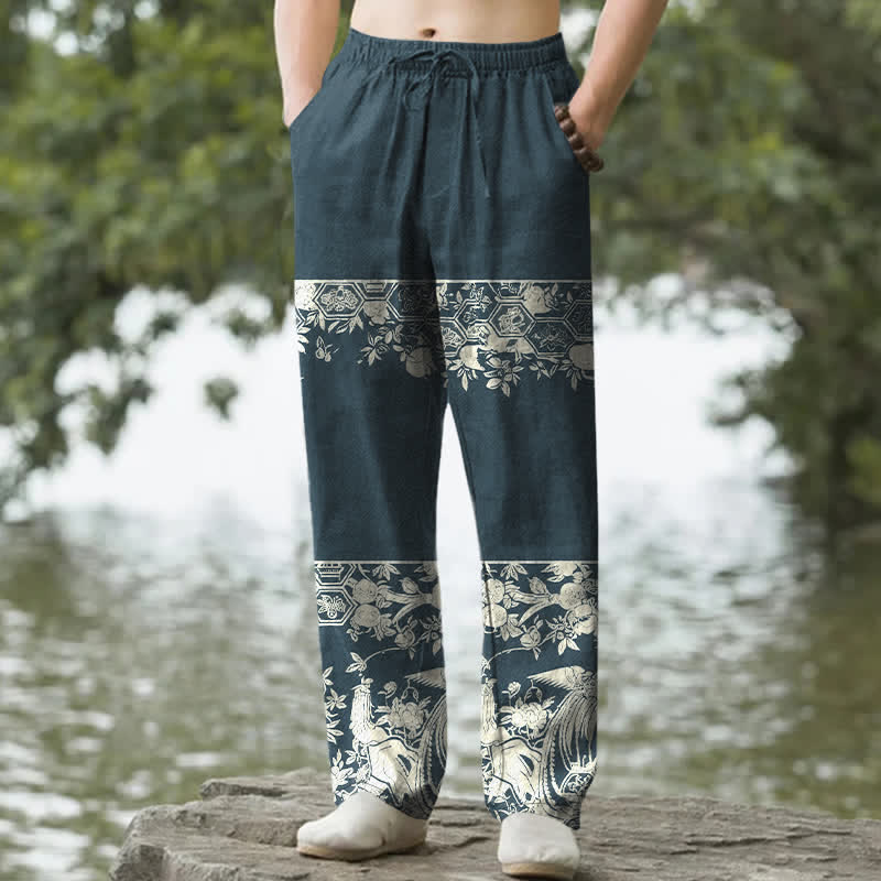 Nimara Ritual Cotton Ivory Floral Band Pattern Men's Tapered Pants With Pockets