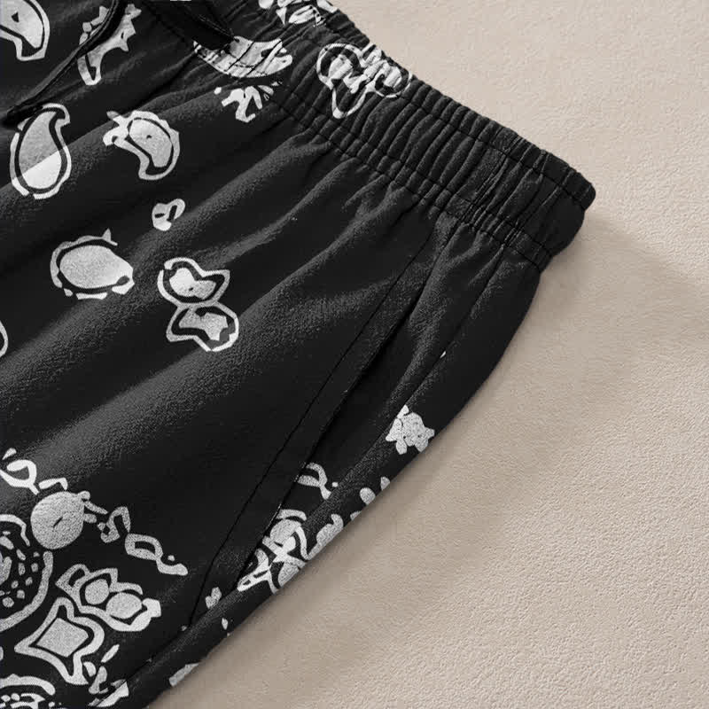 Nimara Ritual Cotton Black White Paisley Patchwork Pattern Men's Tapered Pants With Pockets