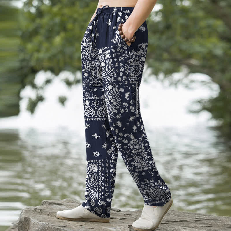 Nimara Ritual Cotton Black White Paisley Patchwork Pattern Men's Tapered Pants With Pockets