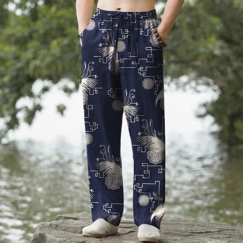 Nimara Ritual Cotton Feather Geometric Pattern Men's Tapered Pants With Pockets