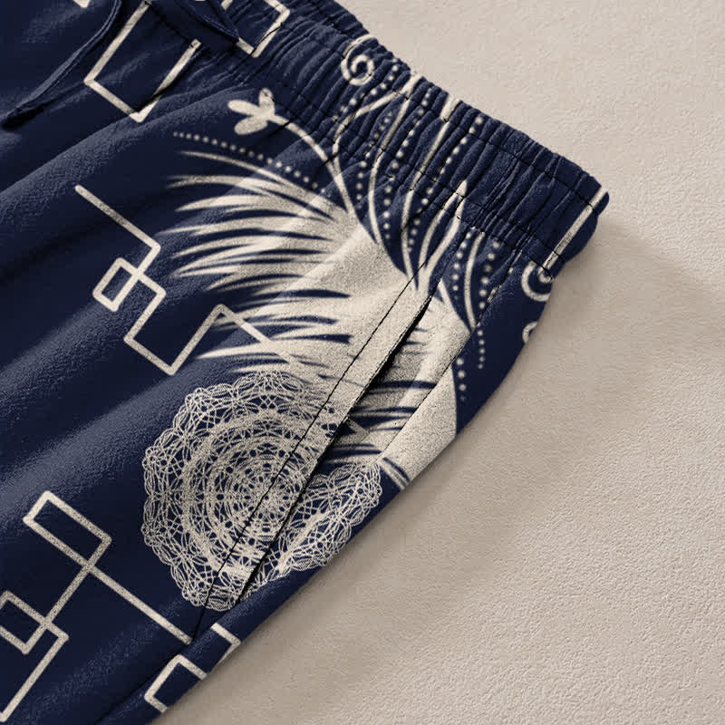 Nimara Ritual Cotton Feather Geometric Pattern Men's Tapered Pants With Pockets