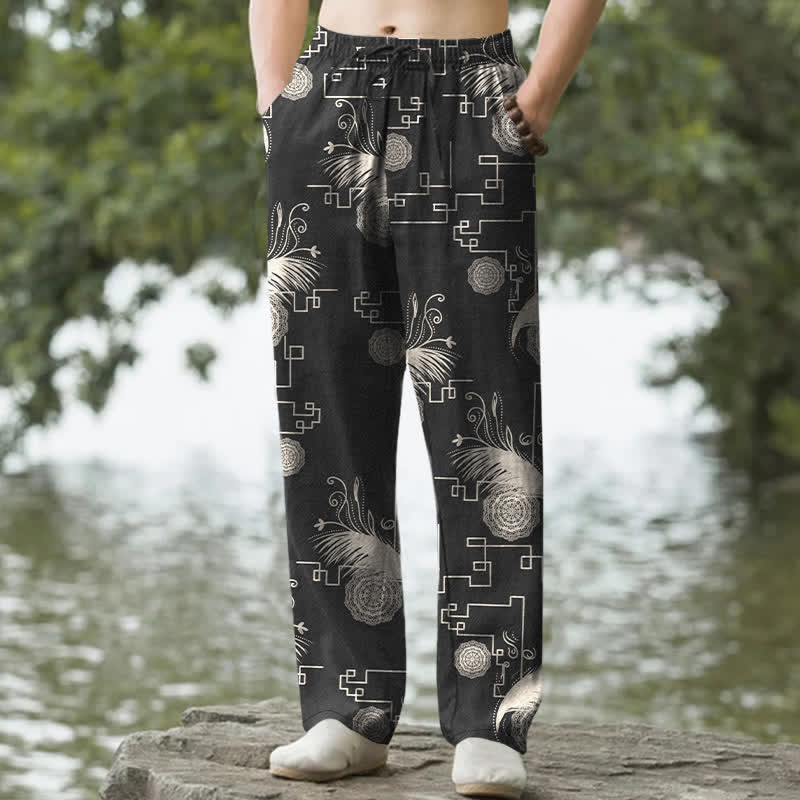 Nimara Ritual Cotton Feather Geometric Pattern Men's Tapered Pants With Pockets