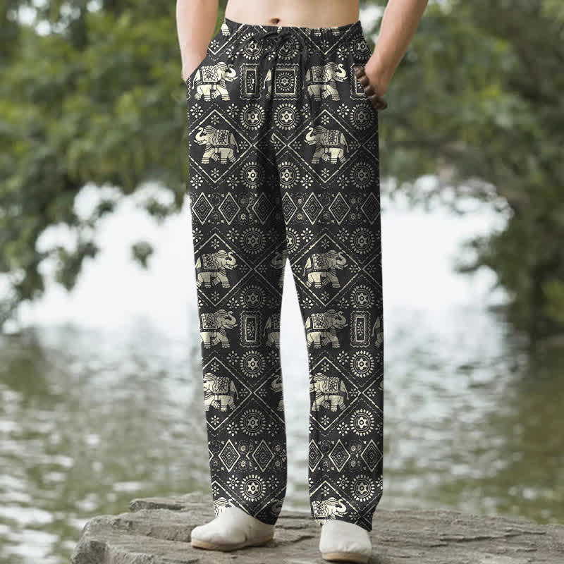Nimara Ritual Cotton Ivory Elephant Mandala Geometry Pattern Men's Tapered Pants With Pockets