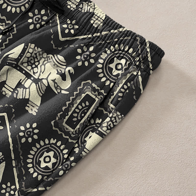 Nimara Ritual Cotton Ivory Elephant Mandala Geometry Pattern Men's Tapered Pants With Pockets