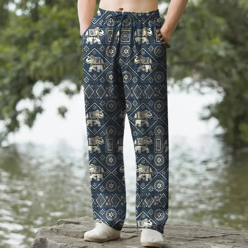 Nimara Ritual Cotton Ivory Elephant Mandala Geometry Pattern Men's Tapered Pants With Pockets