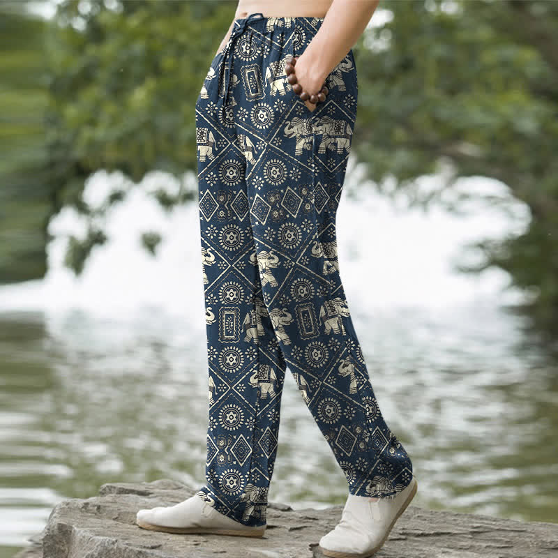 Nimara Ritual Cotton Ivory Elephant Mandala Geometry Pattern Men's Tapered Pants With Pockets