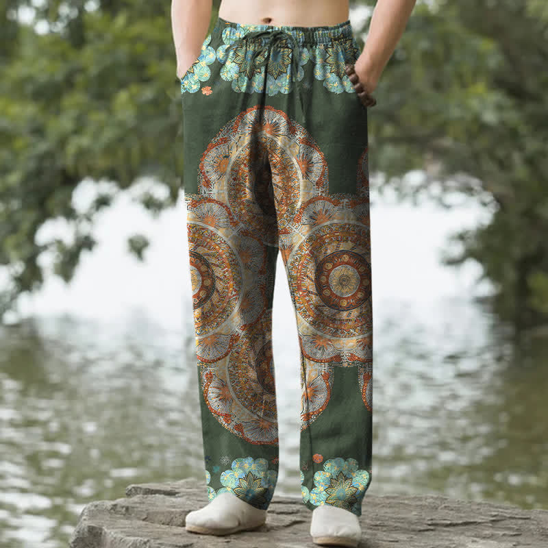 Nimara Ritual Pure Cotton Mandala Floral Pattern Men's Tapered Pants With Pockets