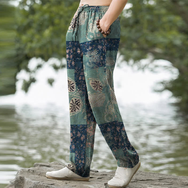 Nimara Ritual Cotton Boho Patchwork Floral Pattern Men's Tapered Pants With Pockets