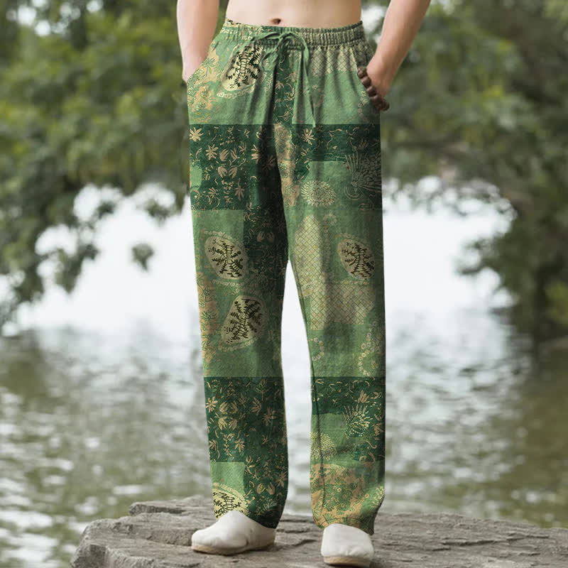 Nimara Ritual Cotton Boho Patchwork Floral Pattern Men's Tapered Pants With Pockets