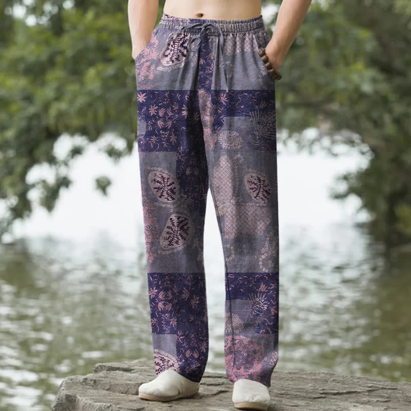 Nimara Ritual Cotton Boho Patchwork Floral Pattern Men's Tapered Pants With Pockets