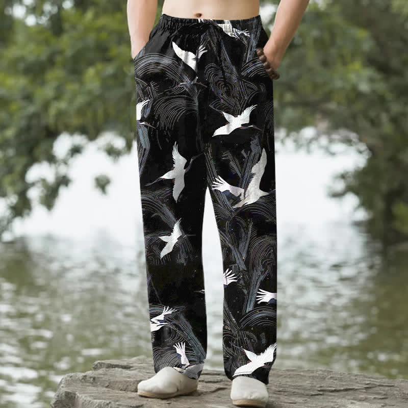 Nimara Ritual Cotton White Crane Ink Wave Pattern Men's Tapered Pants With Pockets