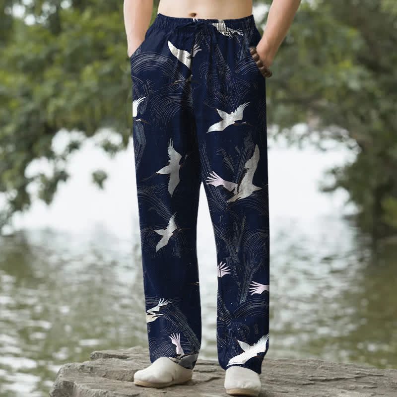 Nimara Ritual Cotton White Crane Ink Wave Pattern Men's Tapered Pants With Pockets
