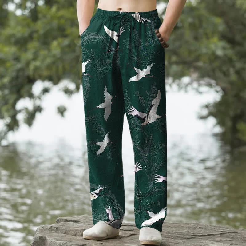 Nimara Ritual Cotton White Crane Ink Wave Pattern Men's Tapered Pants With Pockets