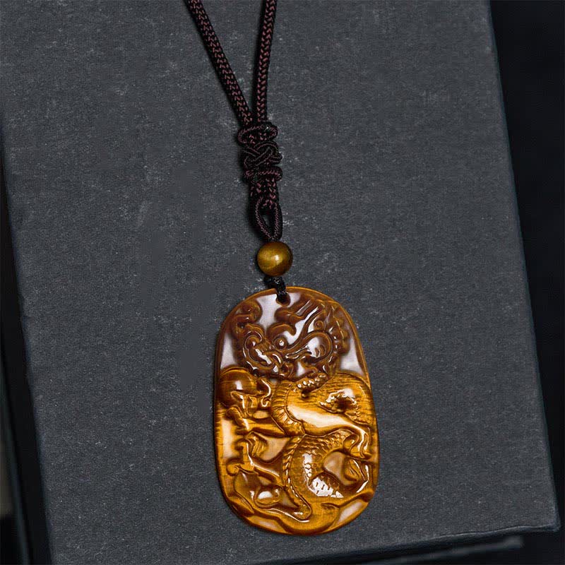 Nimara Ritual Tiger Eye Carved Dragon Pattern Rope Protection Necklace Pendant