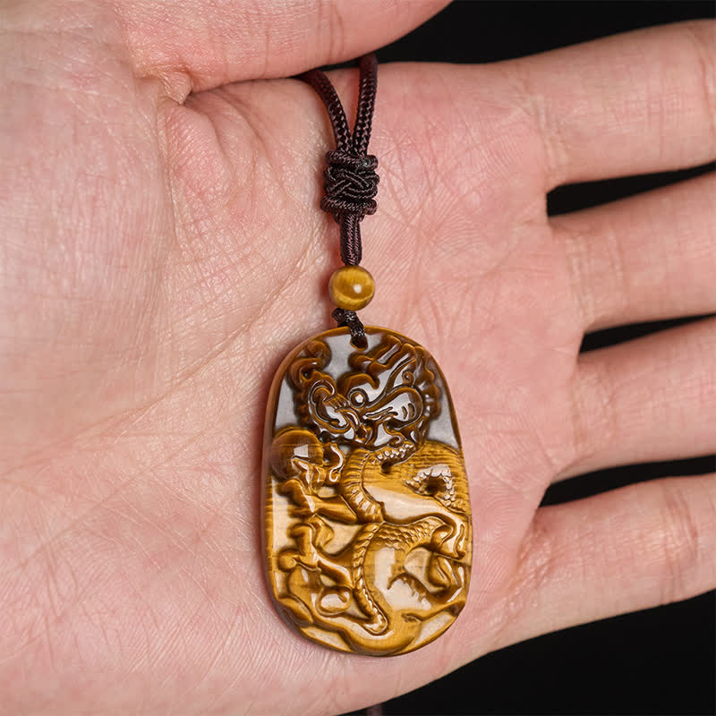 Nimara Ritual Tiger Eye Carved Dragon Pattern Rope Protection Necklace Pendant