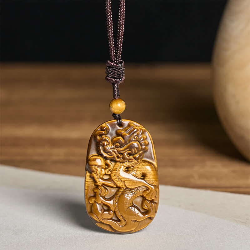 Nimara Ritual Tiger Eye Carved Dragon Pattern Rope Protection Necklace Pendant