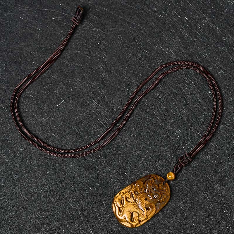 Nimara Ritual Tiger Eye Carved Dragon Pattern Rope Protection Necklace Pendant