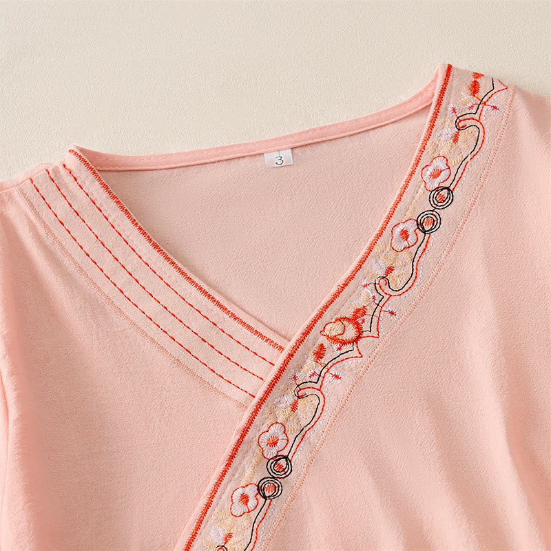 Nimara Ritual Casual Embroidered Flowers Slant Collar Strap Long Sleeve Women's Shirt