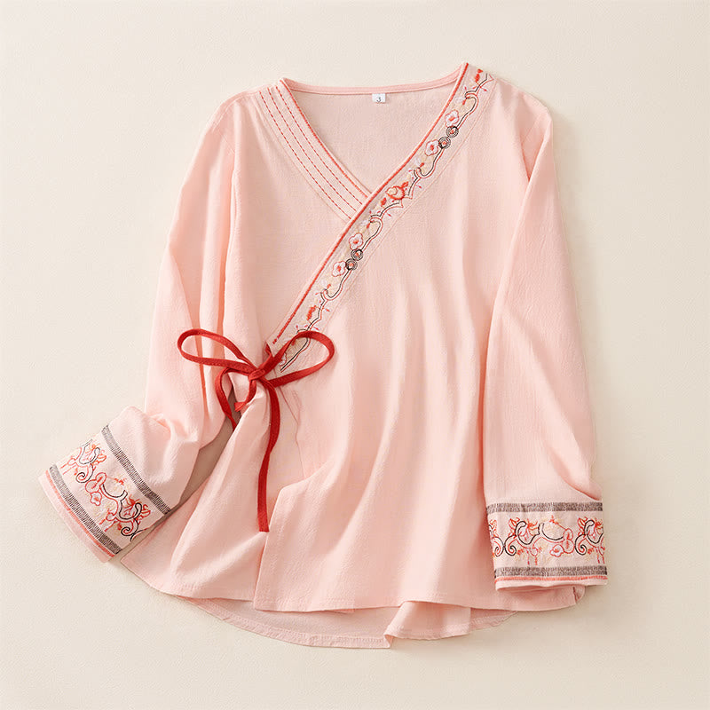 Nimara Ritual Casual Embroidered Flowers Slant Collar Strap Long Sleeve Women's Shirt