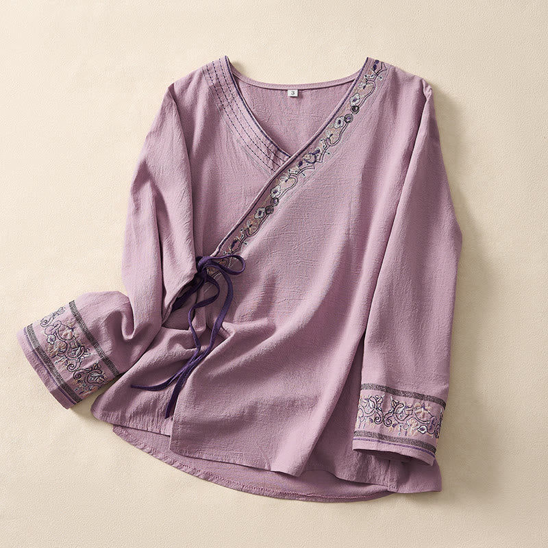 Nimara Ritual Casual Embroidered Flowers Slant Collar Strap Long Sleeve Women's Shirt