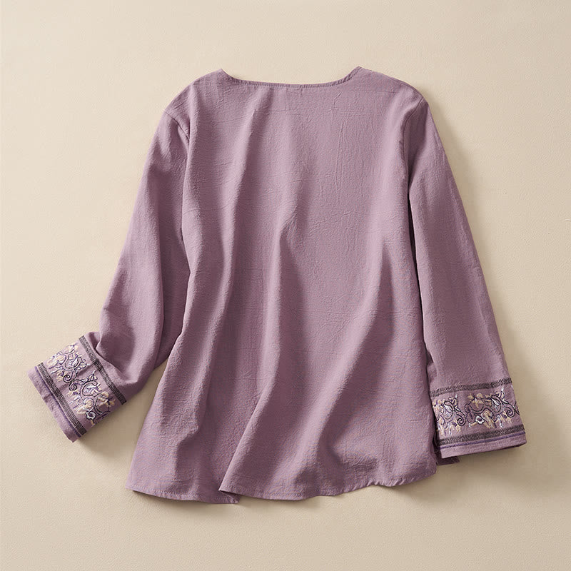 Nimara Ritual Casual Embroidered Flowers Slant Collar Strap Long Sleeve Women's Shirt