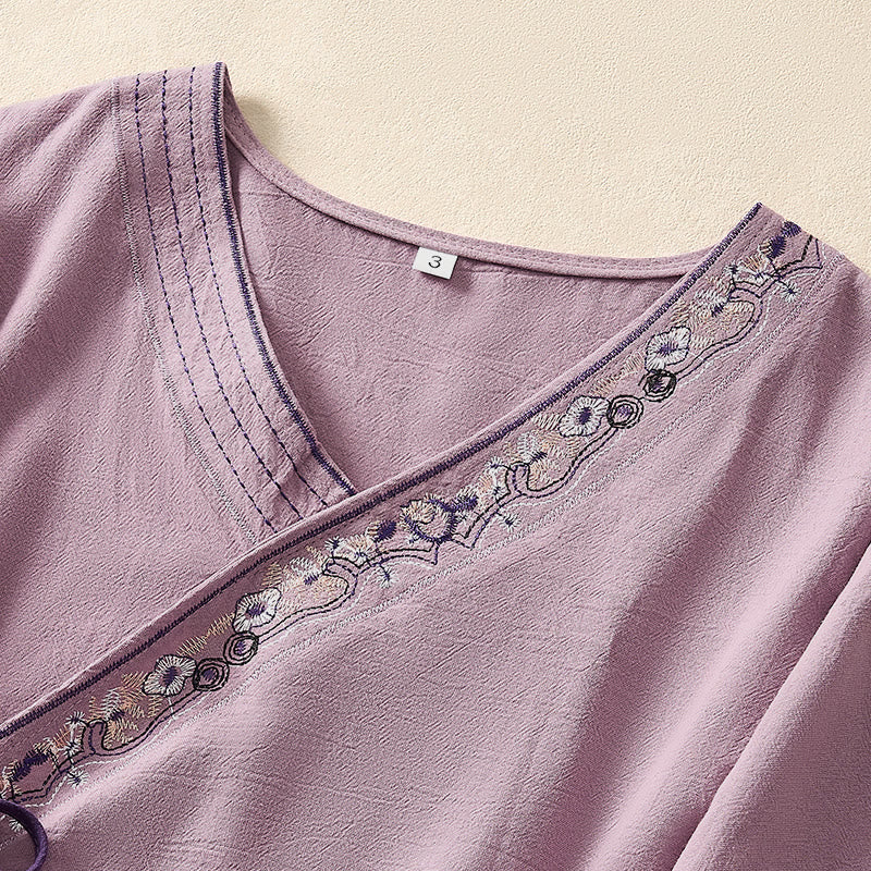 Nimara Ritual Casual Embroidered Flowers Slant Collar Strap Long Sleeve Women's Shirt