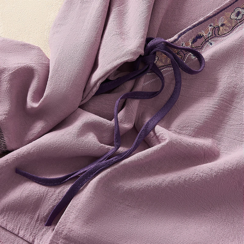 Nimara Ritual Casual Embroidered Flowers Slant Collar Strap Long Sleeve Women's Shirt