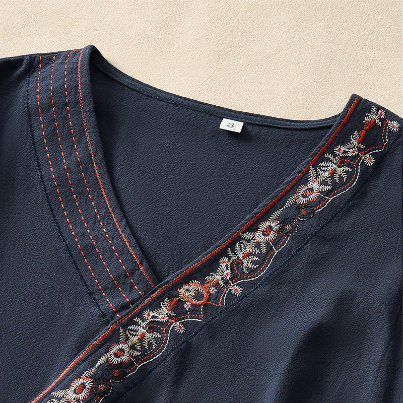 Nimara Ritual Casual Embroidered Flowers Slant Collar Strap Long Sleeve Women's Shirt