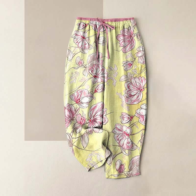 Nimara Ritual Pure Cotton Romantic Pink Floral Pattern Women's Elastic Waist Pants With Pockets