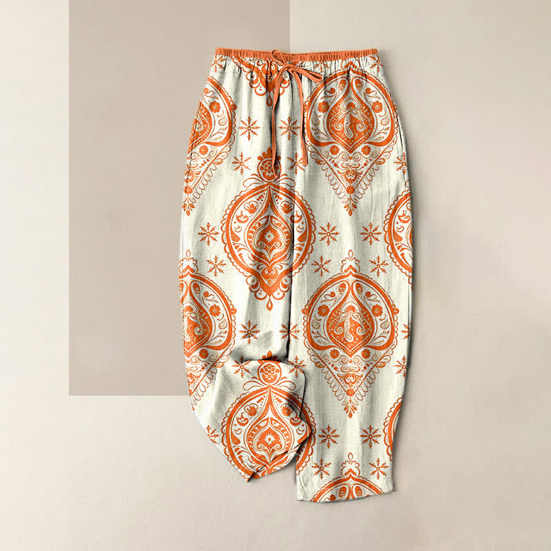 Nimara Ritual Pure Cotton Floral Pattern Women's Elastic Waist Pants With Pockets
