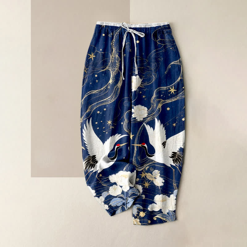 Nimara Ritual Pure Cotton Elegant Crane Floral Pattern Women's Elastic Waist Pants With Pockets