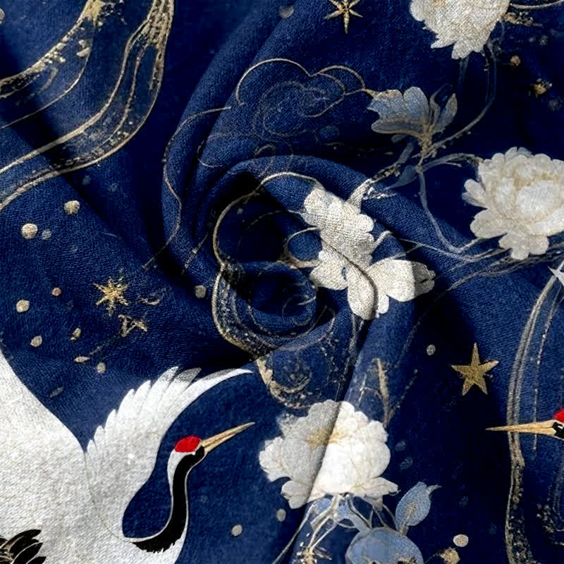 Nimara Ritual Pure Cotton Elegant Crane Floral Pattern Women's Elastic Waist Pants With Pockets