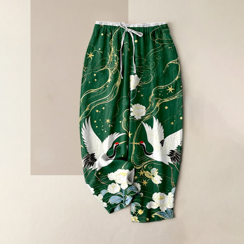 Nimara Ritual Pure Cotton Elegant Crane Floral Pattern Women's Elastic Waist Pants With Pockets