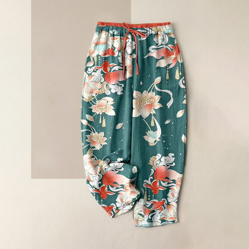 Nimara Ritual Pure Cotton Lotus Red Koi Fish Pattern Women's Elastic Waist Pants With Pockets