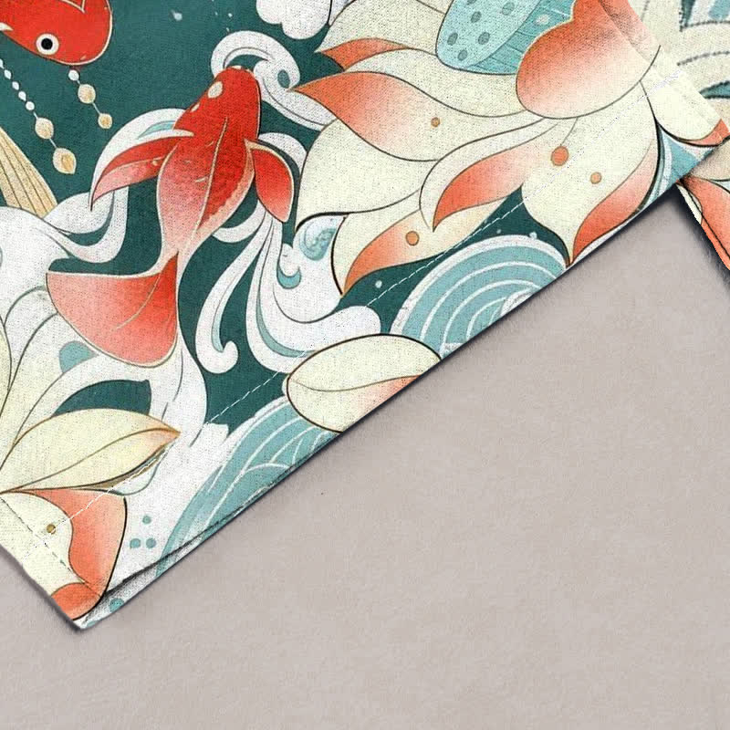 Nimara Ritual Pure Cotton Lotus Red Koi Fish Pattern Women's Elastic Waist Pants With Pockets