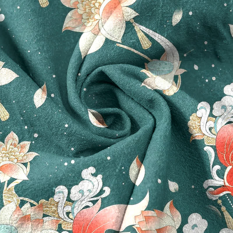 Nimara Ritual Pure Cotton Lotus Red Koi Fish Pattern Women's Elastic Waist Pants With Pockets
